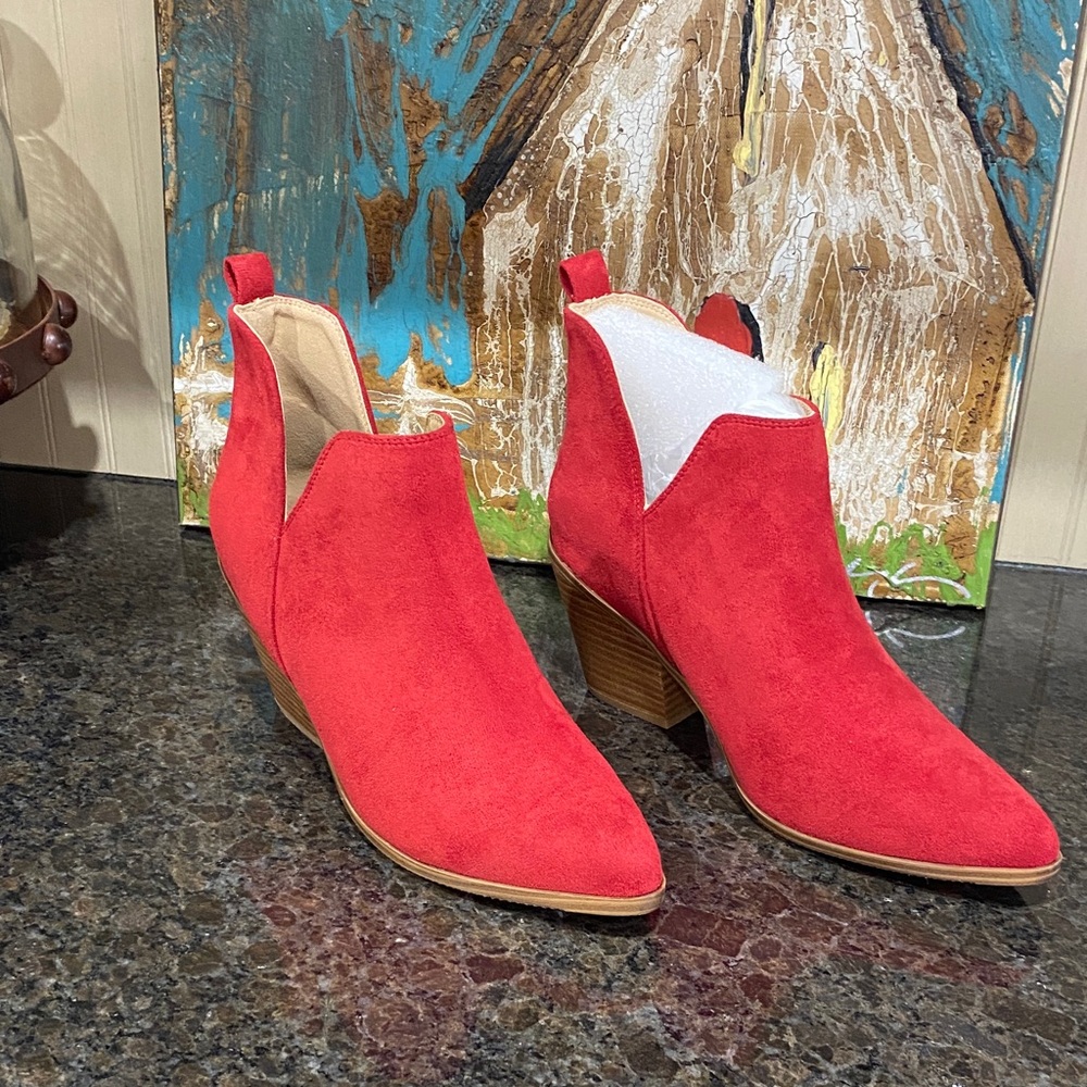 Corey’s Red Suede Ankle Boots brand new, out of box. Size 10.